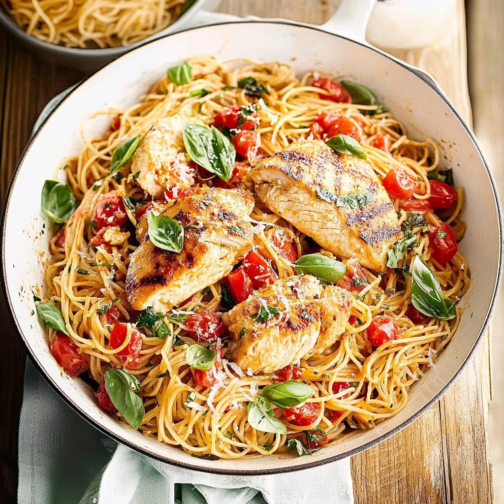 Bruschetta_Chicken_Pasta_2 A white pasta bowl filled with a serving of Bruschetta Chicken Pasta, garnished with fresh basil leaves and a drizzle of balsamic glaze.