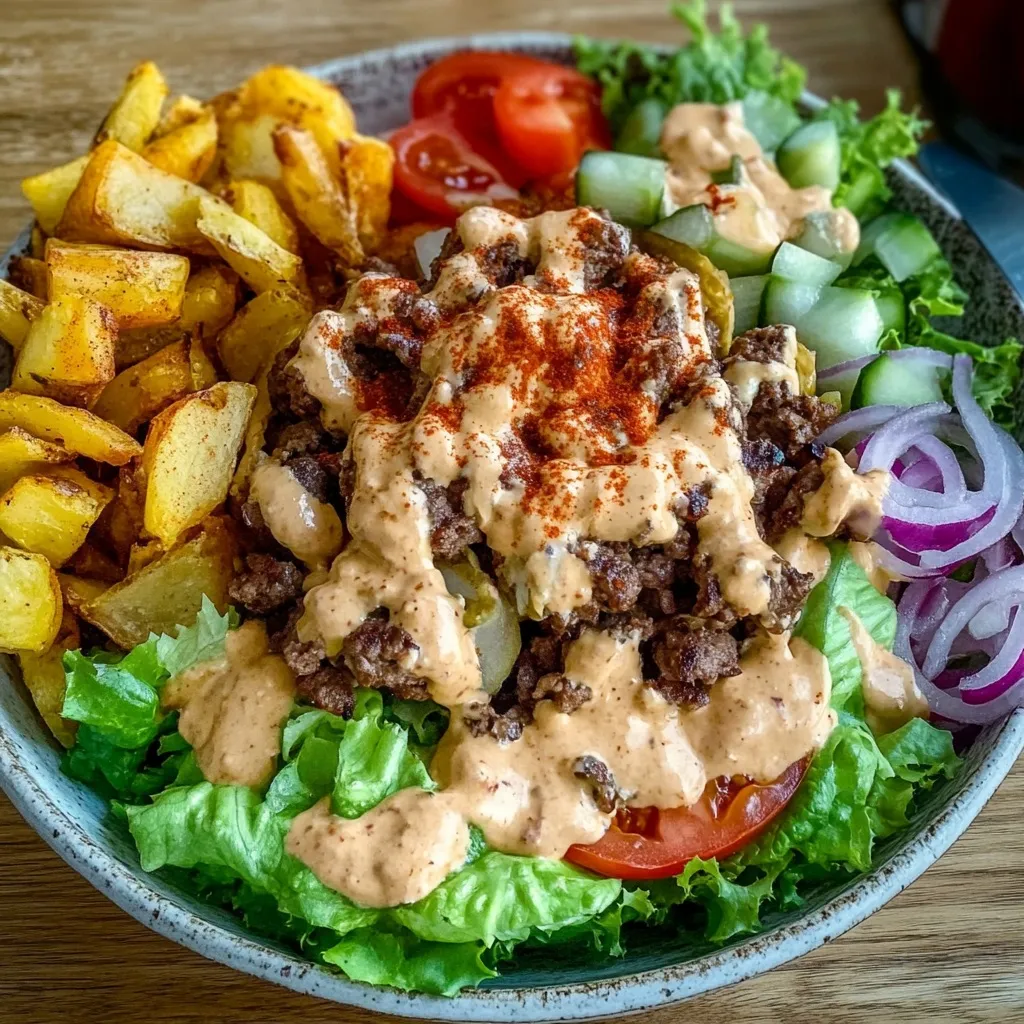 A vibrant burger bowl filled with crispy potatoes, seasoned ground beef, lettuce, tomatoes, and drizzled with a creamy burger sauce.