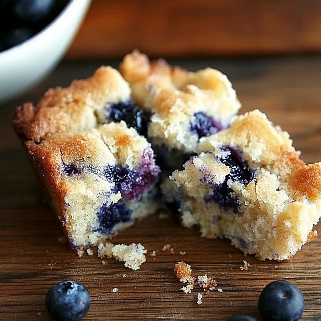 The fully baked buttermilk blueberry breakfast cake cooling in an 8-inch square pan, showing its golden-brown top sprinkled with sugar.