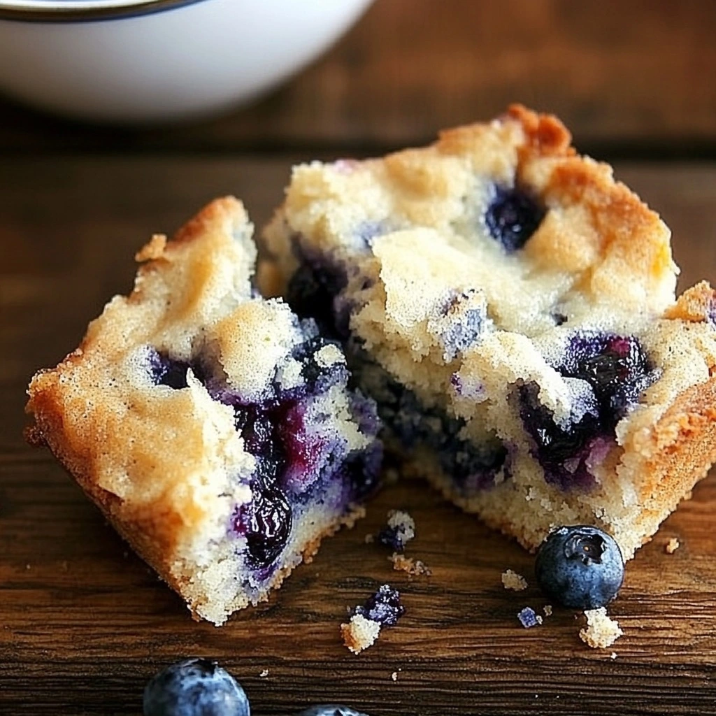 Buttermilk_Blueberry_2 A perfectly square slice of buttermilk blueberry breakfast cake on a white plate, showing a moist crumb and a golden sugar crust.