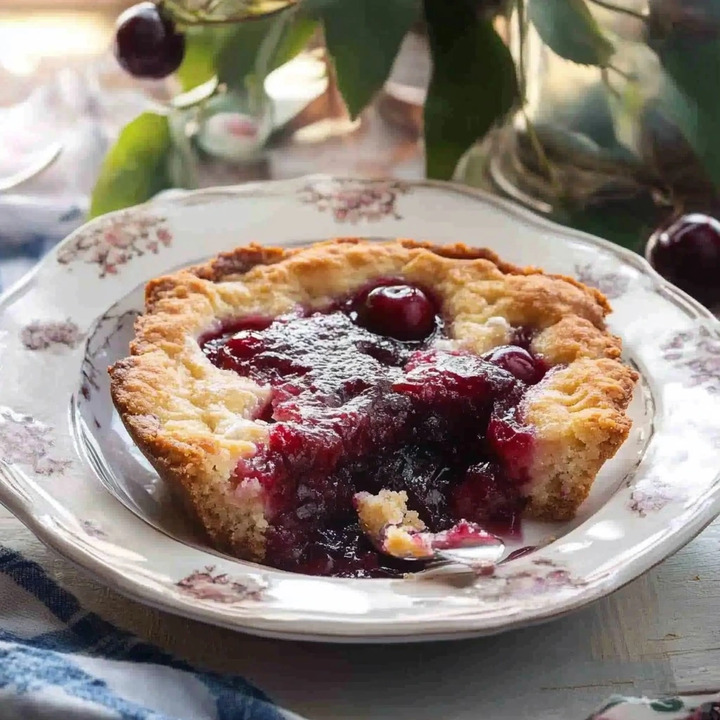 Cherry_Cobbler_Recipes_1 A beautiful, golden-brown cherry cobbler fresh from the oven in a glass 9x13-inch baking dish, with red cherry filling bubbling at the sides.