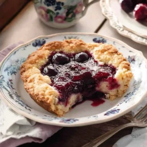 A white bowl holding a warm serving of cherry cobbler, topped with a melting scoop of vanilla ice cream.