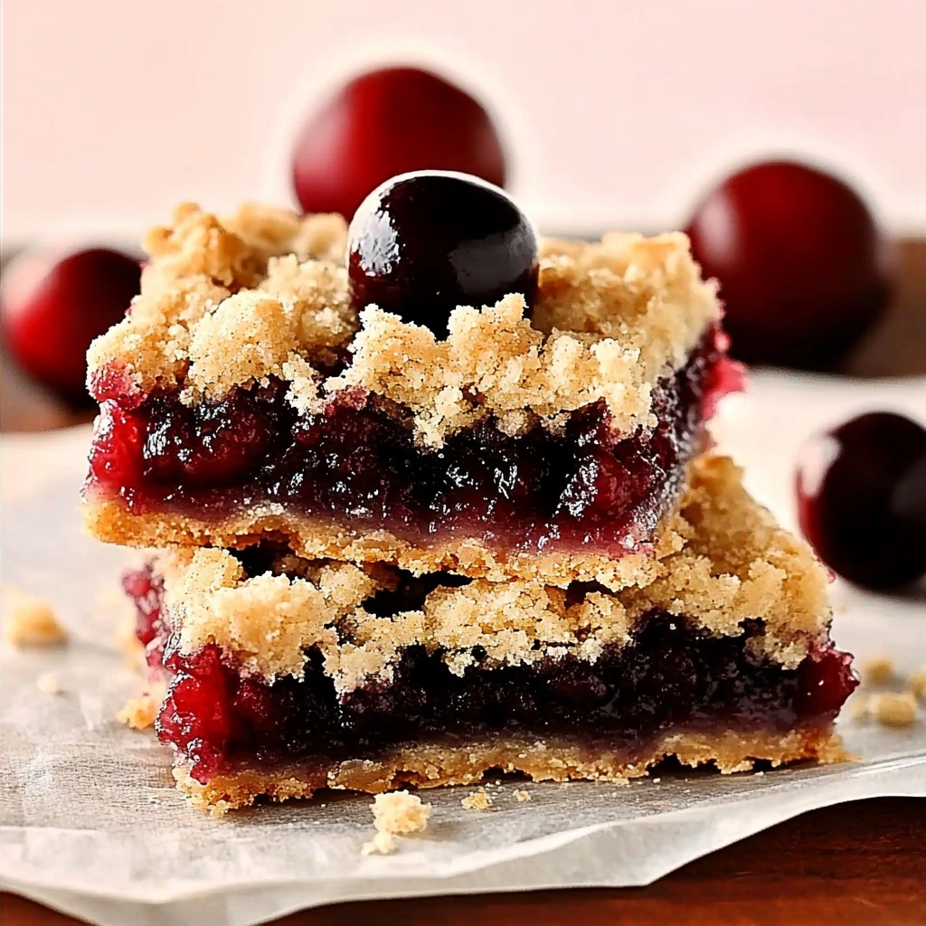 Perfectly golden-brown Cherry Pie Crumb Bars cut into squares, showcasing a juicy fresh cherry filling and buttery crumb topping.