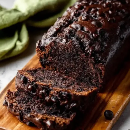 Close-up of chocolate zucchini bread with melted chocolate chips