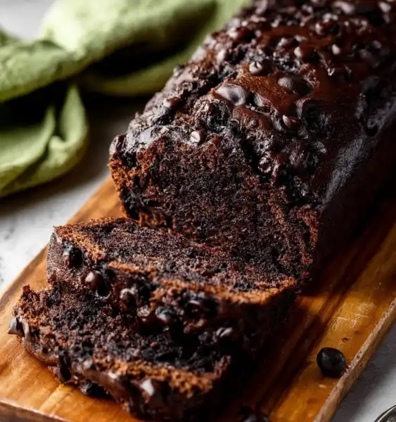 Close-up of chocolate zucchini bread with melted chocolate chips