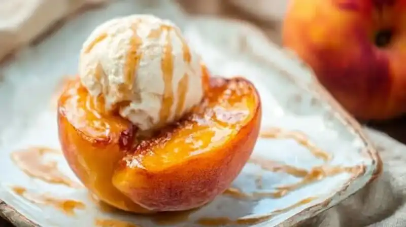 Cinnamon_Sugar_Baked_Pea_1_result Close-up of cinnamon sugar baked peaches glistening with caramelized topping on a white plate