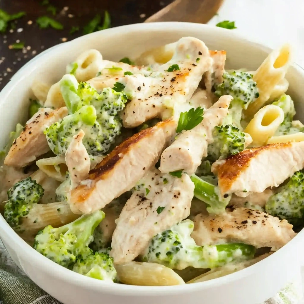 Family-style serving of creamy chicken and broccoli penne with fresh herbs