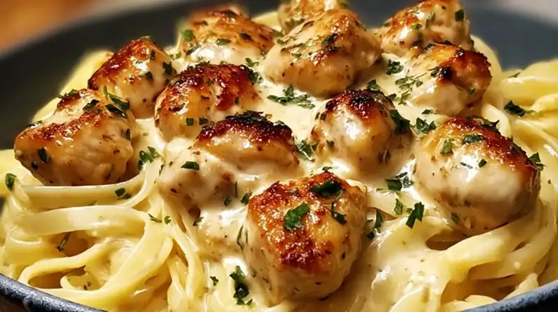 Bowl of creamy garlic butter chicken and pasta topped with fresh parsley