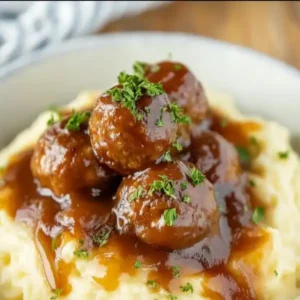 Crockpot Salisbury Steak Meatballs served with creamy mashed potatoes