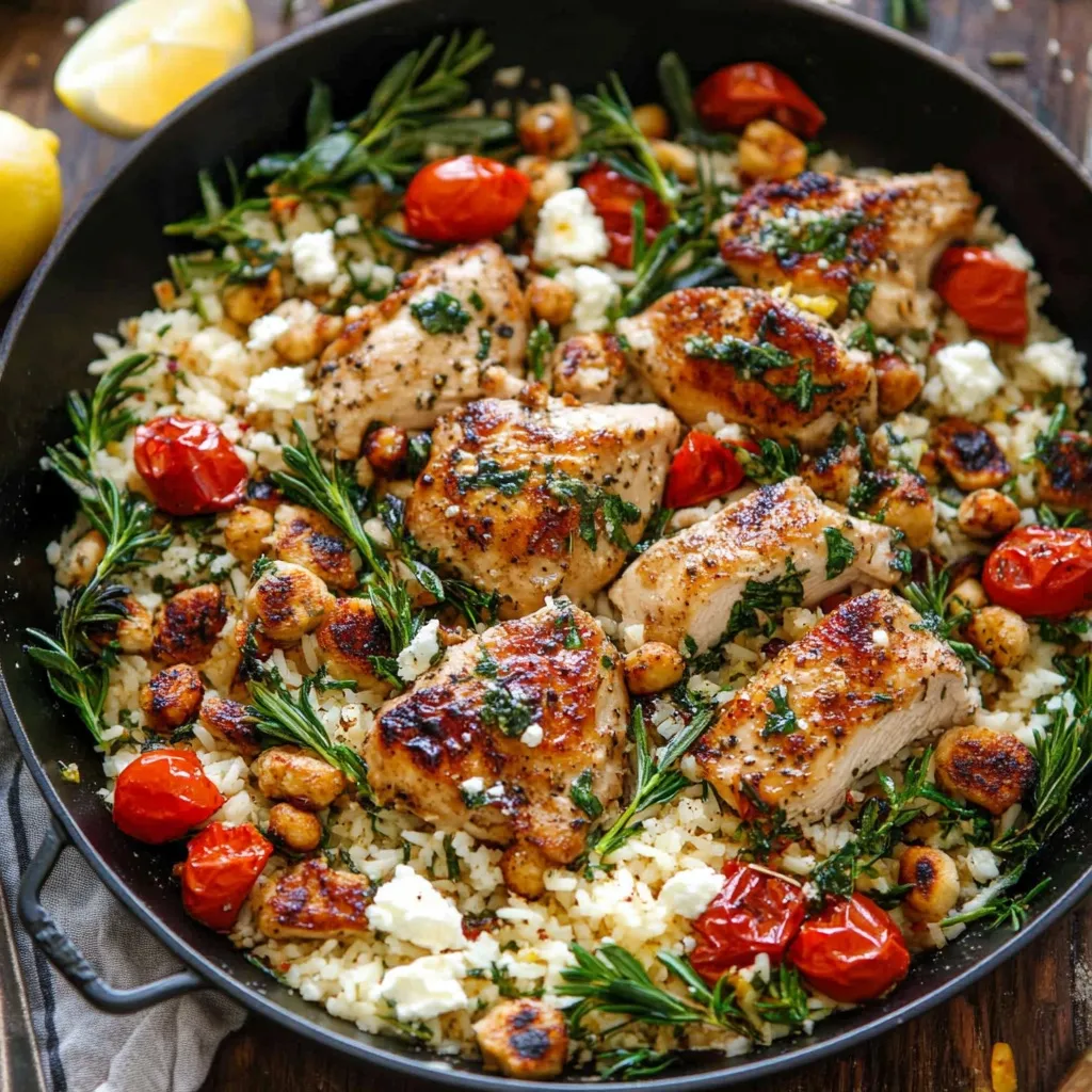 Greek_Chicken_and_Lemon_1_resultat A serving of Greek chicken and lemon rice on a white plate, garnished with fresh herbs and a lemon wedge.