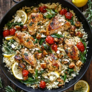 A skillet filled with Greek chicken and lemon rice, topped with sliced chicken, creamy feta cheese, and fresh oregano.