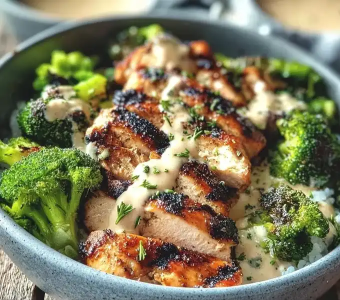Grilled_Chicken_and_Broc_1_result A close-up of a fork lifting a piece of juicy grilled chicken and broccoli from a bowl, coated in a creamy white garlic sauce.