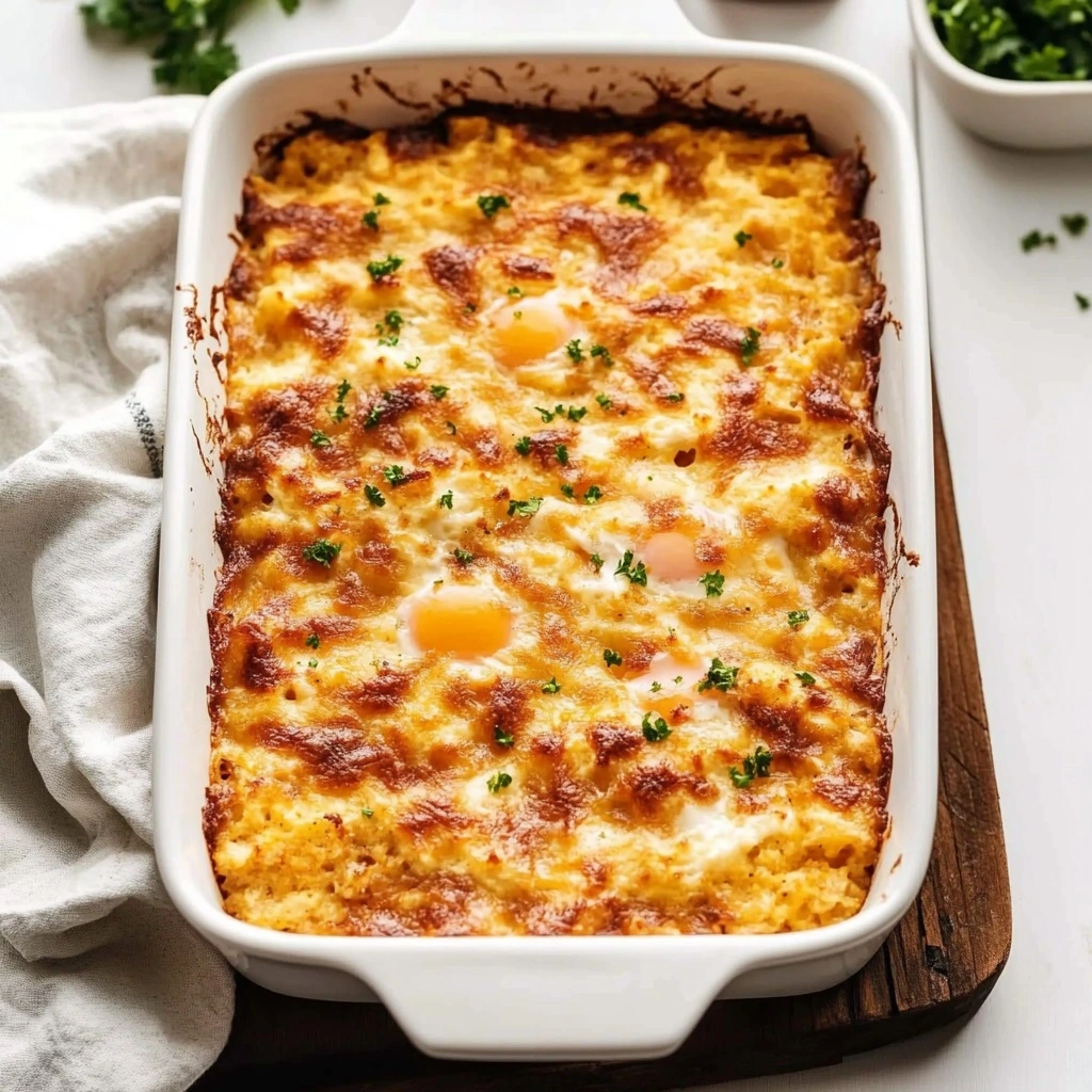 Hash_Brown_Egg_Casserole_2 A golden-brown baked Hash Brown Egg Casserole in a 9x13 glass baking dish, ready to be served.