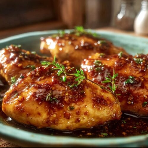 A serving of sticky Honey Garlic Chicken on a bed of fluffy white rice in a ceramic bowl, garnished with fresh parsley and red chili flakes.
