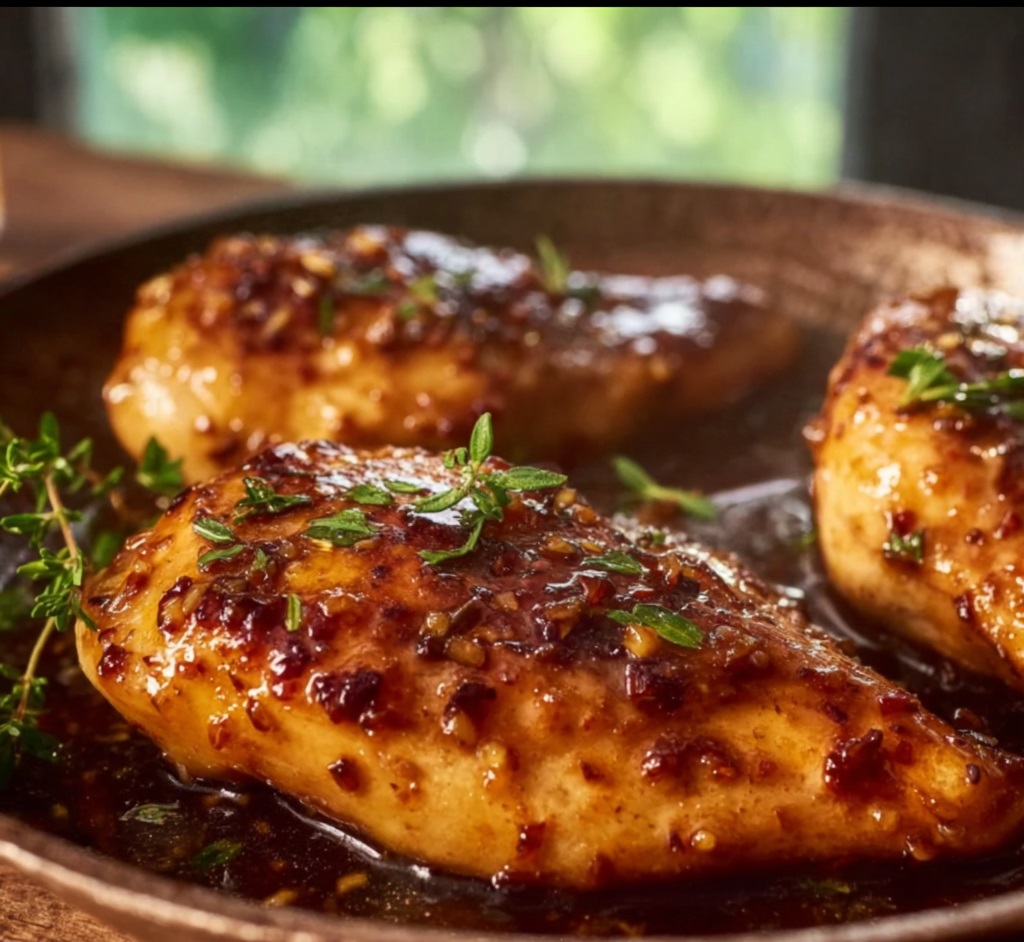 Honey_Garlic_Chicken_Rec_2 A large skillet filled with crispy Honey Garlic Chicken coated in a thick, glossy, bubbling brown sauce, ready to be served.