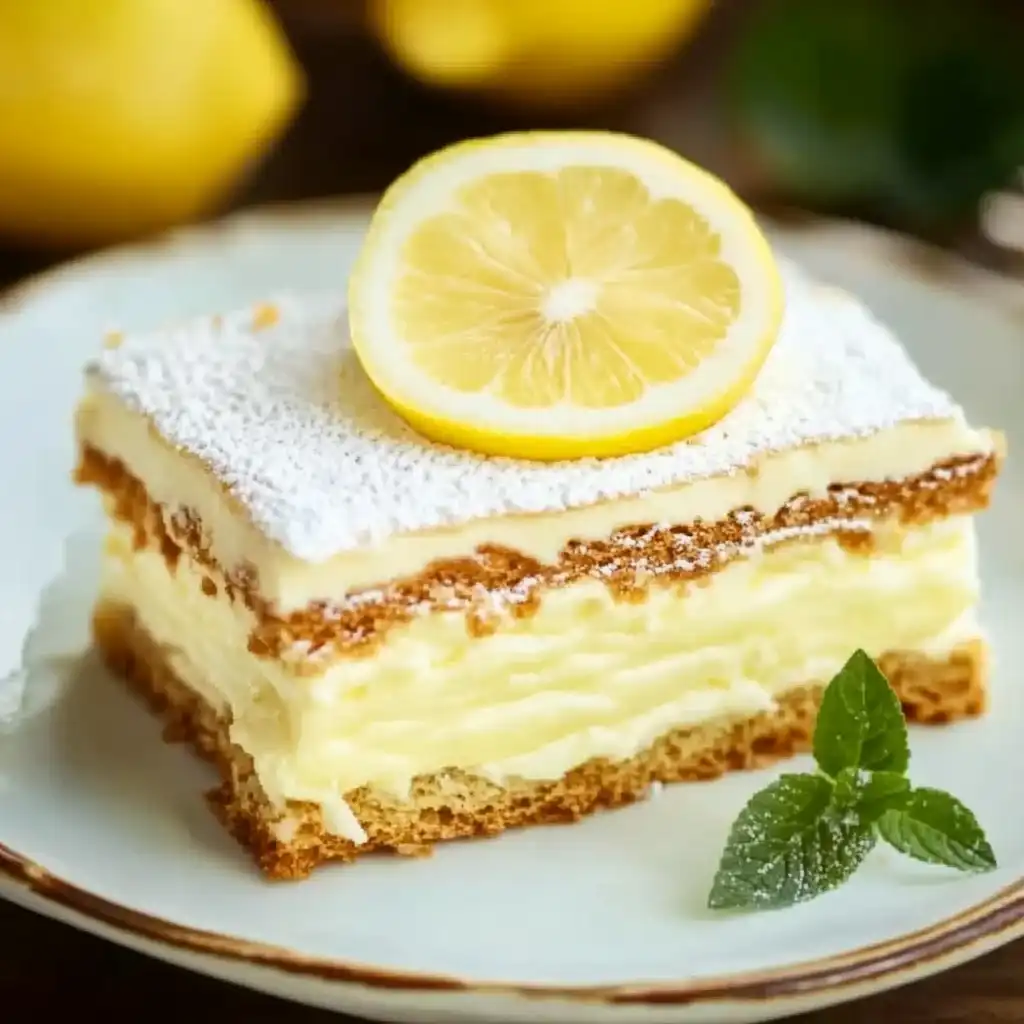 A clean, perfect slice of Lemon Éclair Cake on a white plate, clearly showing the three layers of graham crackers and two layers of lemon cream.