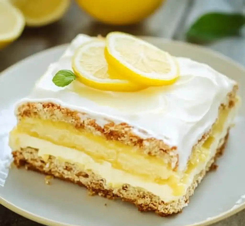 Lemon Éclair Cake3 A clean, perfect slice of Lemon Éclair Cake on a white plate, clearly showing the three layers of graham crackers and two layers of lemon cream.