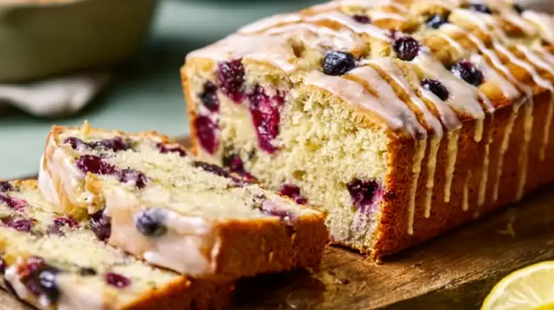 Lemon_Blueberry_Bread_1_result Freshly baked lemon blueberry bread sliced with visible blueberries and golden crust