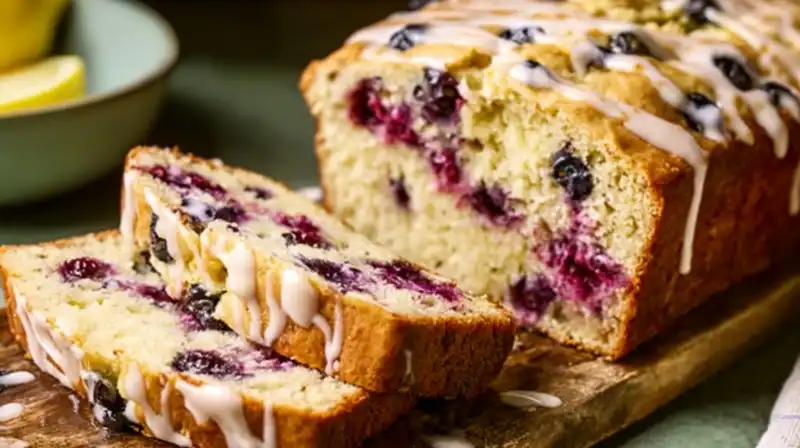 A moist lemon blueberry bread loaf topped with lemon glaze on a white plate