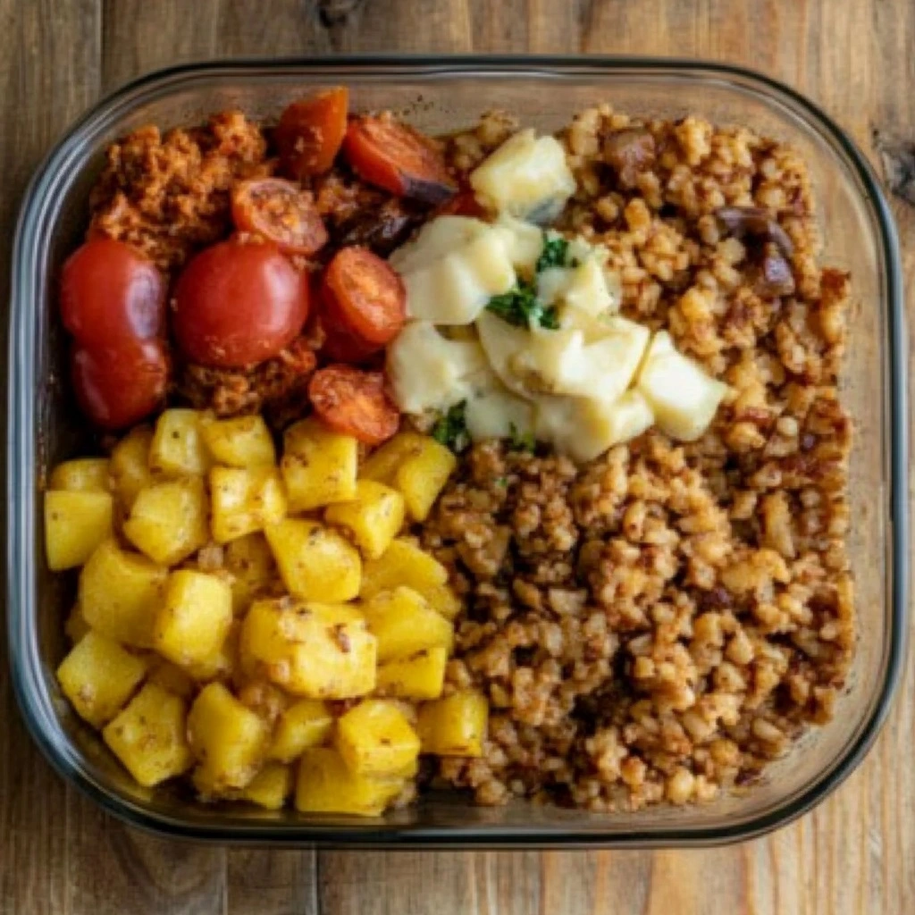 Meal_Prep_Bowls_Recipes_1 A high-protein breakfast meal prep bowl with spicy pineapple chicken, roasted potatoes, and fluffy scrambled eggs, topped with fresh cilantro.