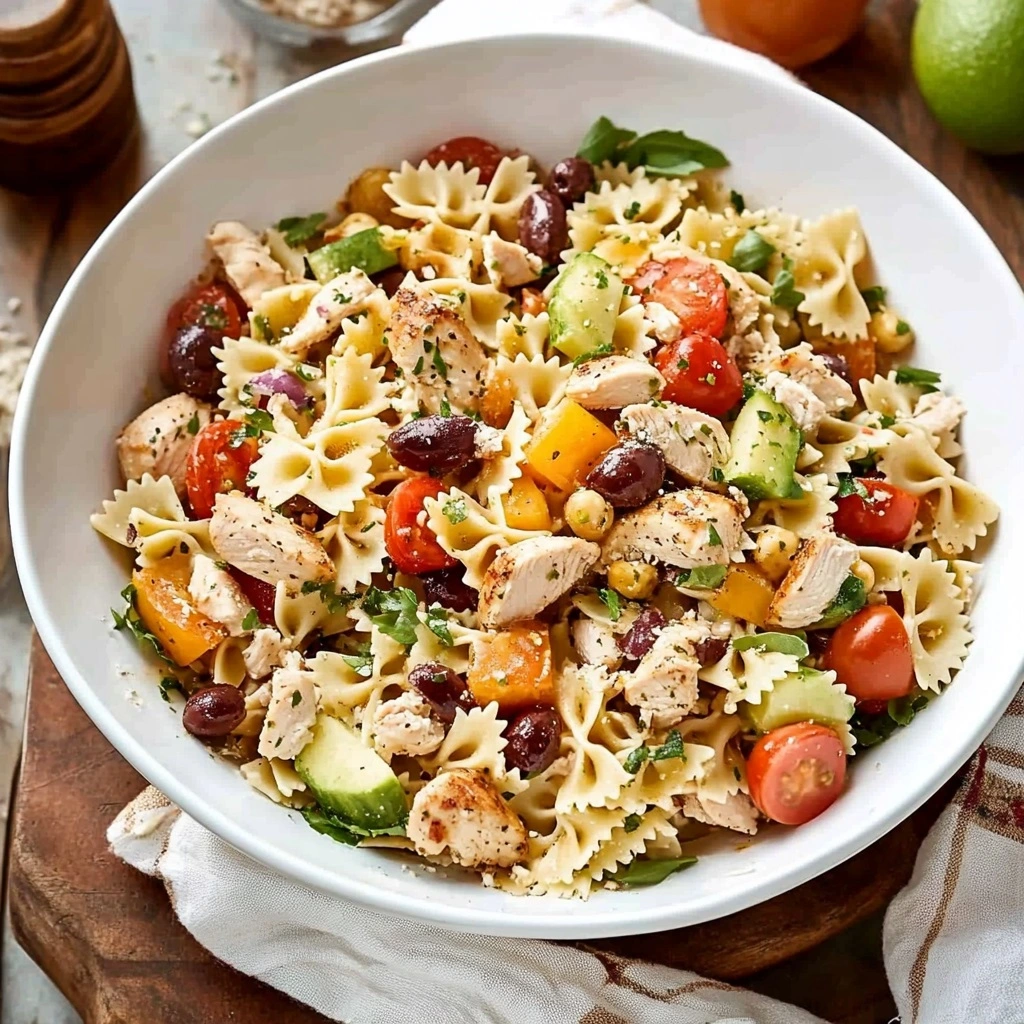 Mediterranean_Chicken_2 Bright Mediterranean Chicken Pasta Salad with lemon‑zested chicken, feta, olives, tomatoes, cucumbers.