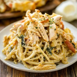 Creamy Monterey Chicken Spaghetti with melted cheese and crispy fried onions