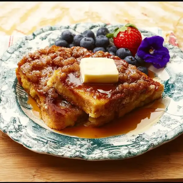 Overnight_french_toast_1_result A square slice of overnight French toast casserole on a plate, drizzled with maple syrup and topped with a fresh raspberry, showing its soft, bread-pudding-like interior.