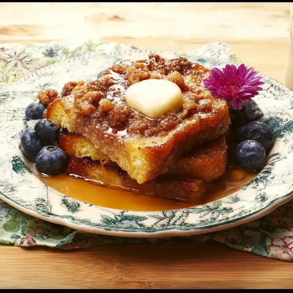 A perfectly golden-brown baked overnight French toast casserole in a white ceramic dish, with a crunchy pecan topping and a dusting of powdered sugar.