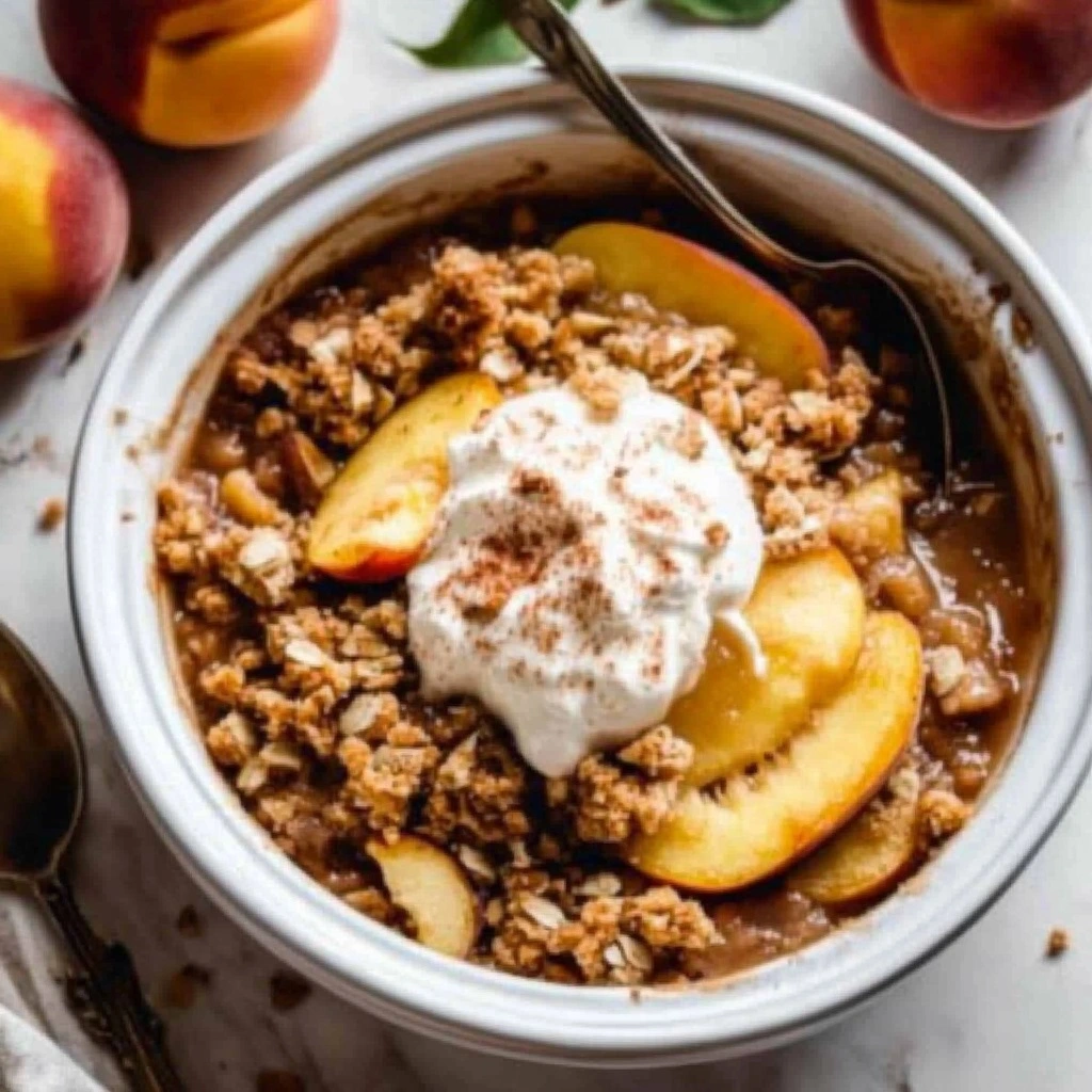 Peach_Crisp_Recipes_1 A golden-brown, bubbly peach crisp baked in a 9-inch cast iron skillet, with one scoop taken out to show the thick, jammy fruit filling.
