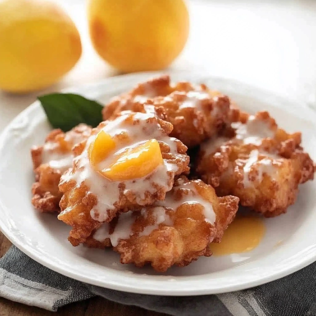 Peach_Fritters_Recipes_1 A pile of golden-brown Fresh Peach Fritters drizzled with a shiny, homemade peach-infused glaze on a rustic plate.