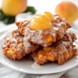 A close-up of a Fresh Peach Fritter broken in half to show the light, fluffy interior and chunks of real peaches inside.