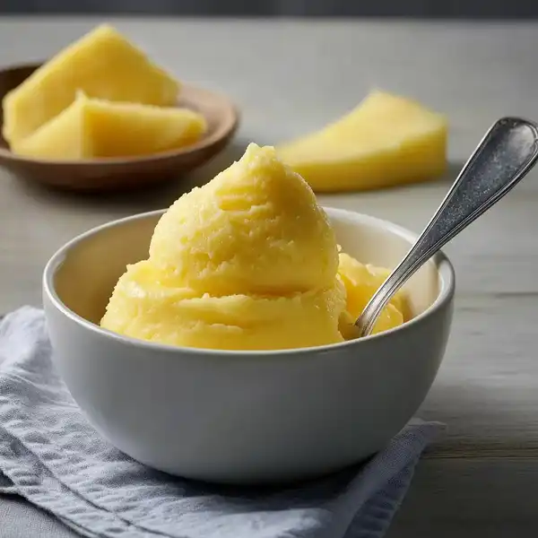 Pineapple_Cream_Recipes_2_result A large glass serving bowl filled with creamy, fluffy pineapple cream, garnished with a sprinkle of toasted coconut and a maraschino cherry.