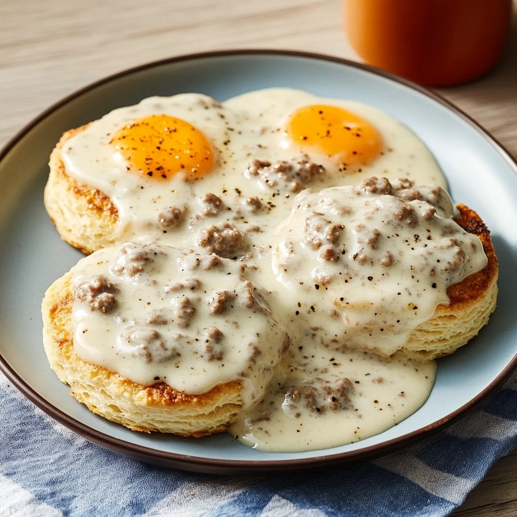 Close-up of creamy pork sausage gravy simmering, part of the step-by-step instructions for absolutely amazing sausage biscuits and gravy.