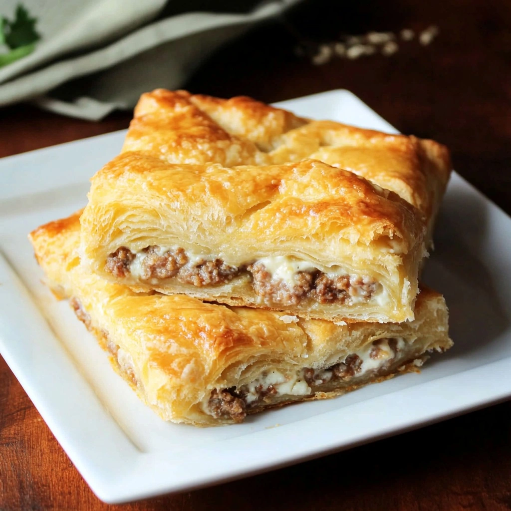 Golden-brown sausage cream cheese crescent bake with flaky crust, sliced and served warm.