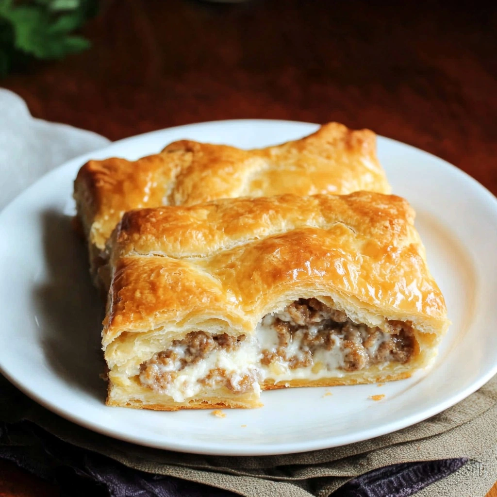 Sausage_Cream_Cheese_2 Cheesy sausage crescent bake pulled apart to show creamy filling, perfect for brunch.