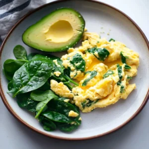 Gently Scrambled Eggs with Spinach and Avocado in a non-stick pan with a rubber spatula to create a creamy texture.