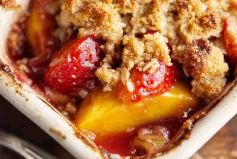 Strawberry_Peach_Crisp_0_result Fresh sliced peaches and strawberries layered in a baking dish