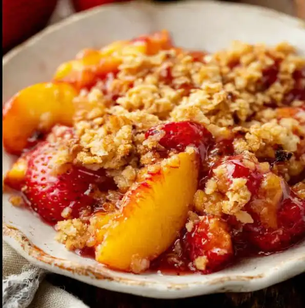 Strawberry Peach Crisp served with vanilla ice cream in a white bowl