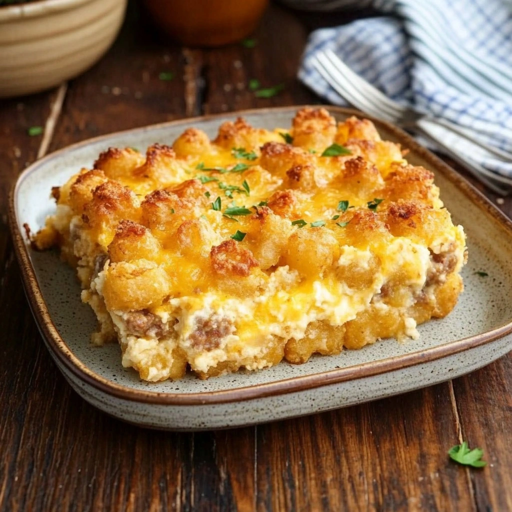 Golden-brown tater tot casserole with sausage and eggs, perfect for brunch.