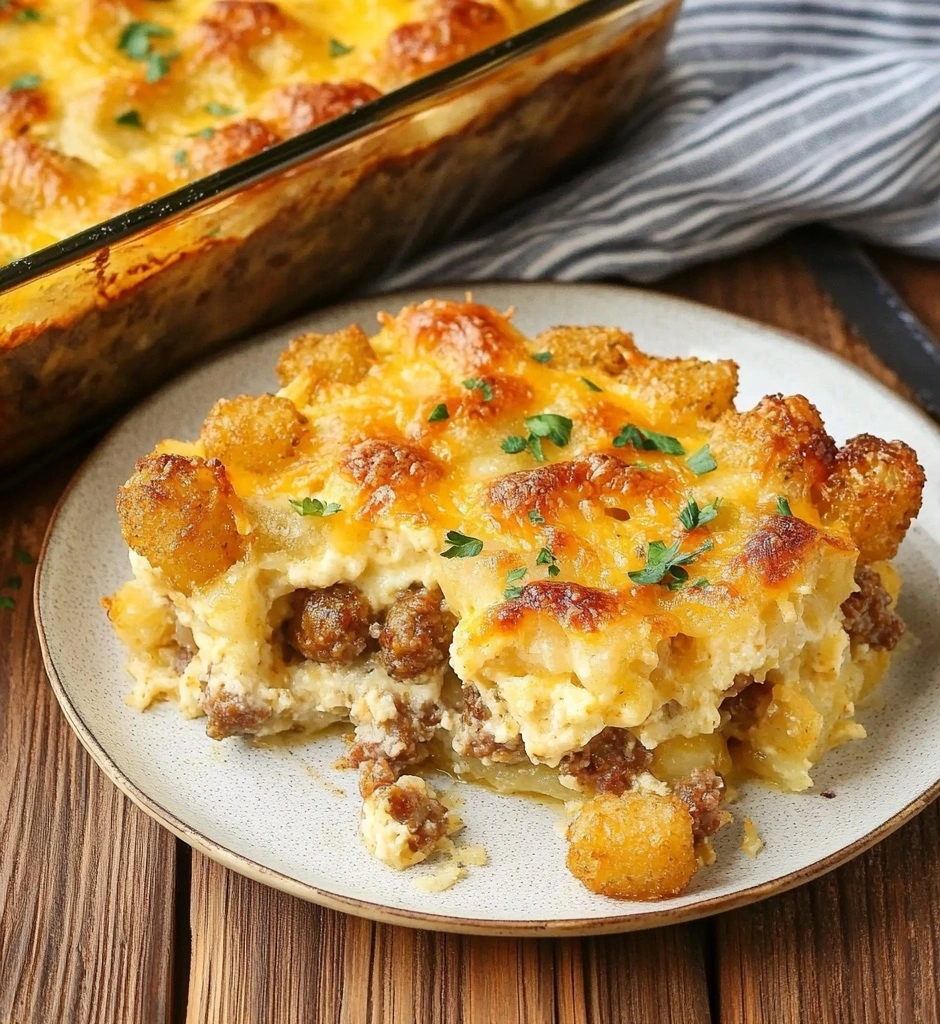 Tater_Tot_Sausage_Breakf_2 Crispy tater tot sausage breakfast casserole with melted cheese, fresh from the oven.