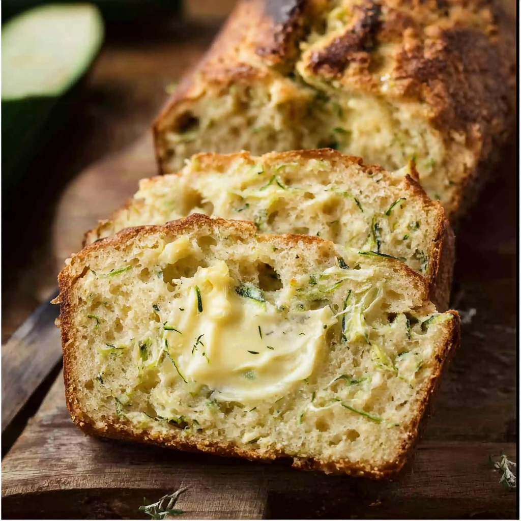 A thick, perfect slice of savory Zucchini Cheese Bread on a plate, with a visible layer of gooey, melted Swiss cheese stretching from the crumb.