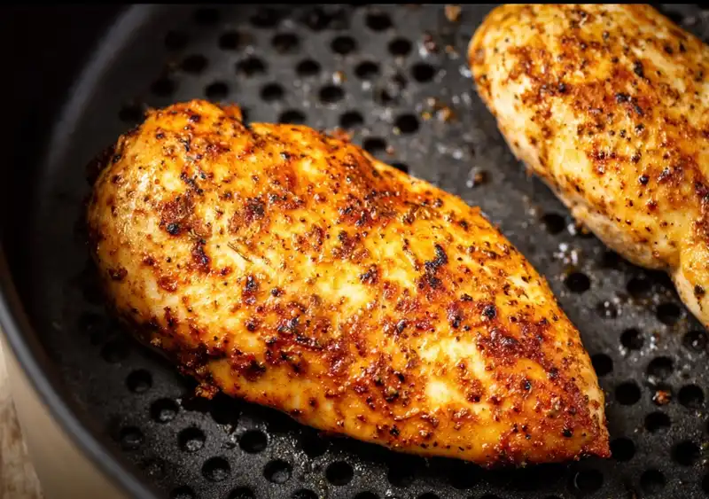 air_fryer_chicken_breast_1_result Two raw chicken breasts that have been pounded to an even thickness and coated in a smoky paprika and garlic spice rub, ready for the air fryer.