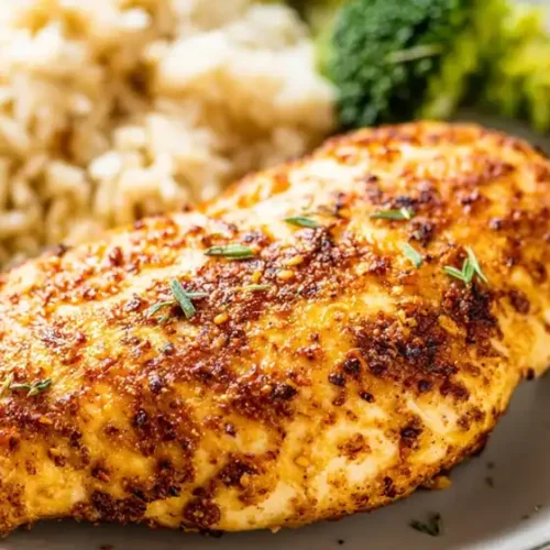 Two perfectly cooked golden-brown air fryer chicken breasts resting on a wooden cutting board, with one sliced to reveal a juicy, tender interior.