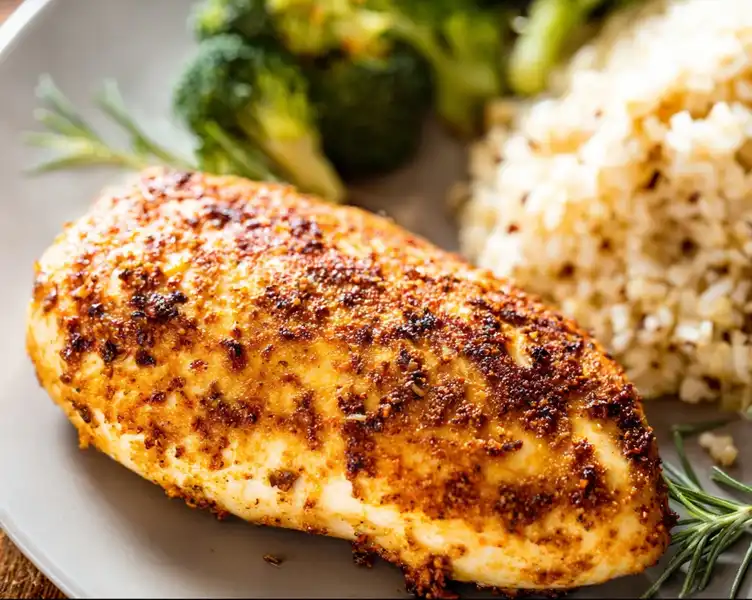 air_fryer_chicken_breast_4_result A close-up of a perfectly cooked air fryer chicken breasts, sliced against the grain and fanned out to showcase its moist and tender texture.