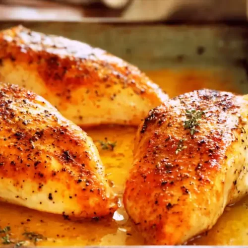 A close-up of a perfectly baked chicken breast, sliced against the grain and fanned out to showcase its incredibly moist texture and glistening juices.
