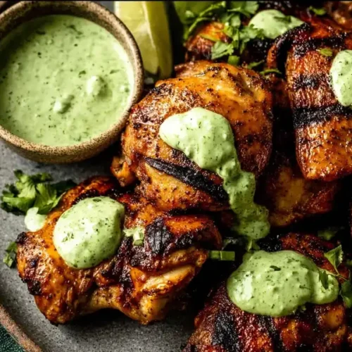 A close-up action shot of a piece of juicy Peruvian grilled chicken being dipped into a bowl of creamy green Aji Verde sauce.