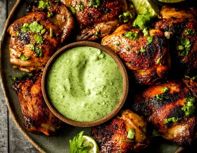 peruvian_grilled_chicken_2_result A platter of perfectly carved Peruvian grilled chicken with golden-brown crispy skin, served next to a bowl of vibrant Aji Verde creamy green sauce.