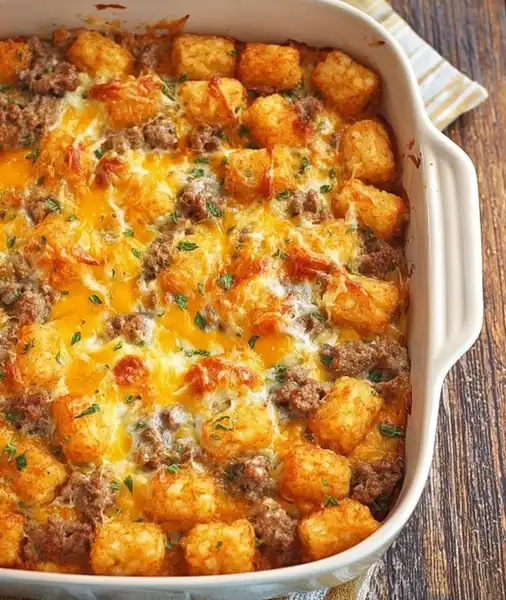 tater_tot_sausage_3_result A hand pouring a savory egg and milk custard mixture over a layer of sausage and cheese in a baking dish to make a tater tot sausage casserole.
