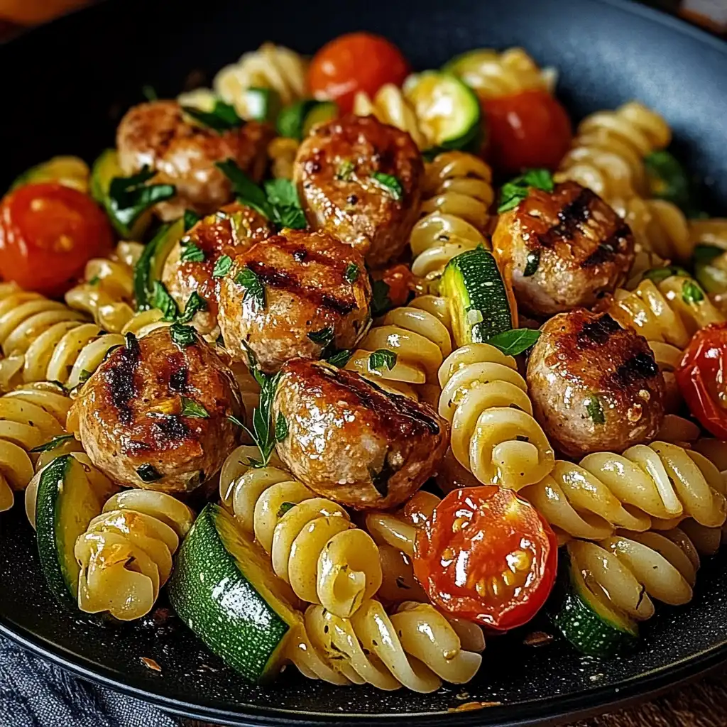 u3253673811_httpss.mj.runtp6VZ-NjdTI_Chicken_Sausages_with_Zu_862fd8ba-368e-4a8c-91ac-a301dc06a0c8_2_resultat A close-up serving of chicken sausage and zucchini pasta in a white bowl, showing the creamy sauce and fresh tomatoes.