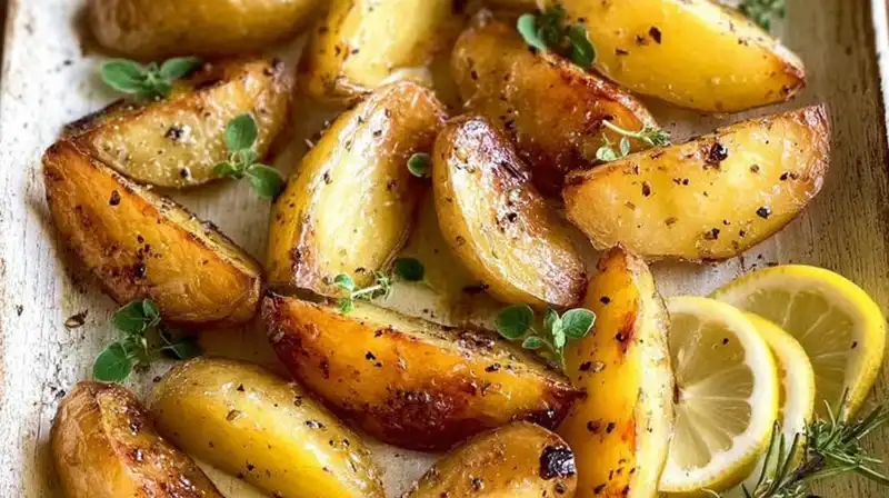 Golden roasted Authentic Greek Potatoes served with lemon wedges and fresh oregano on a rustic plate